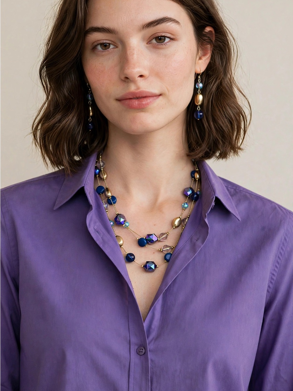 Ashley Cooper Blue and Gold Multi-Strand Beaded Necklace with Matching Earrings